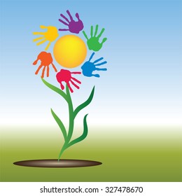 Vector concept conceptual yellow happy abstract sun with children hand print spiral or circle flower isolated on white background, metaphor to childhood, education, summer, spring, play or friendship