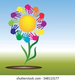 Concepto vectorial amarillo conceptual sol abstracto feliz con los niños estampado a mano espiral o flor circular aislado en fondo blanco, metáfora a la infancia, educación, verano, primavera, juego o amistad