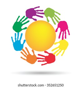 Vector concept conceptual yellow happy abstract sun with children hand print spiral or circle isolated on white background, metaphor to childhood, education, summer, spring, play or friendship