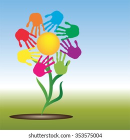 Vektor-Konzept konzeptuell gelbe, glückliche abstrakte Sonne mit Kindern handdrucken Spirale oder Kreis Blume einzeln auf weißem Hintergrund, Metapher für Kindheit, Bildung, Sommer, Frühling, Spiel oder Freundschaft