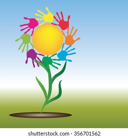 Concepto vectorial amarillo conceptual sol abstracto feliz con los niños estampado a mano espiral o flor circular aislado en fondo blanco, metáfora a la infancia, educación, verano, primavera, juego o amistad