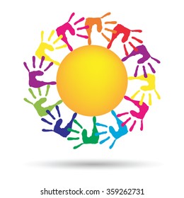 Vector concept conceptual yellow happy abstract sun with children hand print spiral or circle isolated on white background, metaphor to childhood, education, summer, spring, play or friendship