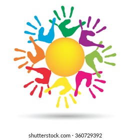 Vector concept conceptual yellow happy abstract sun with children hand print spiral or circle isolated on white background, metaphor to childhood, education, summer, spring, play or friendship