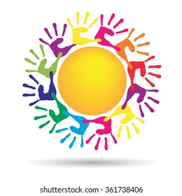 Vector concept conceptual yellow happy abstract sun with children hand print spiral or circle isolated on white background, metaphor to childhood, education, summer, spring, play or friendship