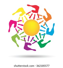 Vector concept conceptual yellow happy abstract sun with children hand print spiral or circle isolated on white background, metaphor to childhood, education, summer, spring, play or friendship