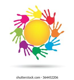 Vector concept conceptual yellow happy abstract sun with children hand print spiral or circle isolated on white background, metaphor to childhood, education, summer, spring, play or friendship