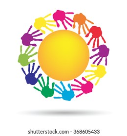 Vector concept conceptual yellow happy abstract sun with children hand print spiral or circle isolated on white background, metaphor to childhood, education, summer, spring, play or friendship