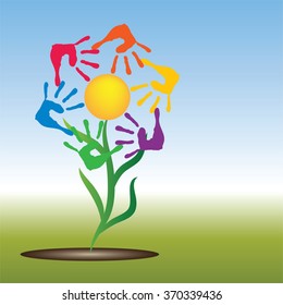 Vector concept conceptual yellow happy abstract sun with children hand print spiral or circle flower isolated on white background, metaphor to childhood, education, summer, spring, play or friendship