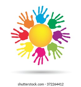 Vector concept conceptual yellow happy abstract sun with children hand print spiral or circle isolated on white background, metaphor to childhood, education, summer, spring, play or friendship