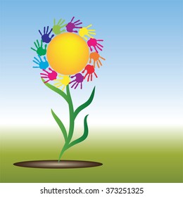 Concepto vectorial amarillo conceptual sol abstracto feliz con los niños estampado a mano espiral o flor circular aislado en fondo blanco, metáfora a la infancia, educación, verano, primavera, juego o amistad