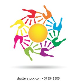Vector concept conceptual yellow happy abstract sun with children hand print spiral or circle isolated on white background, metaphor to childhood, education, summer, spring, play or friendship