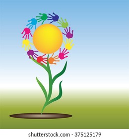 Vector concept conceptual yellow happy abstract sun with children hand print spiral or circle flower isolated on white background, metaphor to childhood, education, summer, spring, play or friendship
