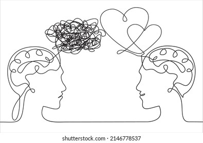 Confusión de concepto vectorial en la cabeza y corazones de amor. El hombre y la mujer están enredados en relaciones. Un plano de línea continuo