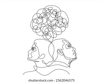 Confusión de concepto vectorial en la cabeza y corazones de amor. El hombre y la mujer están enredados en relaciones. Un plano de línea continuo