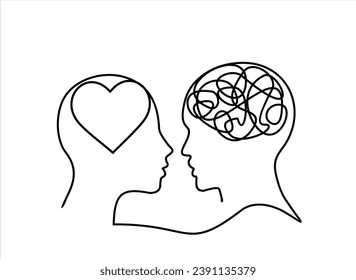 Vector concept confusion in the head and love hearts. Man and women entangled in relationships. One continuous line drawing