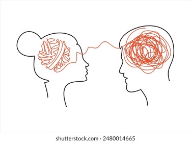 Vector concept confusion in the head and love hearts. Man and women entangled in relationships. One continuous line drawing