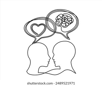 Vector concept confusion in the head and love hearts. Man and women entangled in relationships. One continuous line drawing