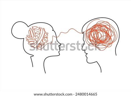 Vector concept confusion in the head and love hearts. Man and women entangled in relationships. One continuous line drawing