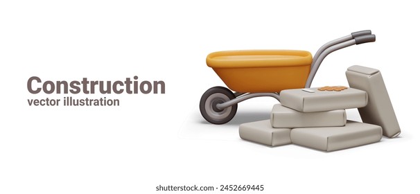 Vector concept of construction. Empty wheelbarrow, bags of cement, plaster, dry adhesive mixture