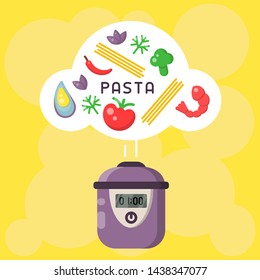 Vector concept of cooking pasta in a slow cooker. Flat style illustration