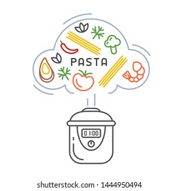 Vector concept of cooking pasta in a slow cooker. Linear style illustration
