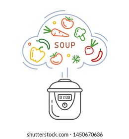 Vector concept of cooking soup in a slow cooker. Linear style illustration