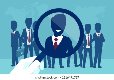 Vector concept of a corporate recruitment process, hand zooming with magnifying glass picking successfull candidate 