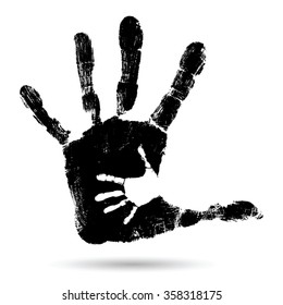 Vector concept cute black paint hand of mother child handprint isolated on white background for art, care, childhood, family, fun, happy, infant, symbol, kid, little, love, mom motherhood young design