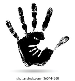 Concepto vectorial mano de pintura negra linda de la huella de mano de la madre hijo aislada en fondo blanco para el arte, el cuidado, la niñez, la familia, la diversión, la felicidad, el bebé, el símbolo, el niño, el pequeño, el amor, la madre el diseño joven