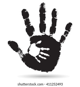 Vector concept cute black paint hand of mother child handprint isolated on white background for art, care, childhood, family, fun, happy, infant, symbol, kid, little, love, mom motherhood young design