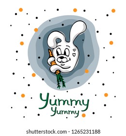 Vector concept with cute bunny, carrot and points on a white background. Great for printing and textile design.Hand drawn