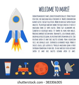 Vector concept with cute cartoon objects on Flight to Mars theme. Astronaut, Mars mountain, cosmic food, rover, planets Earth and Mars. Colonization project concept. Human adventure to red planet