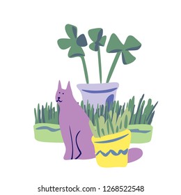 Vector concept  with cute cat and flowers  in soft colors on a white background, great for printing or textile design.Flat,hand drawn