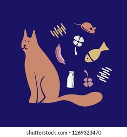 Vector concept  with cute cat,different foods and flowers  in soft colors on a blue background, great for printing or textile design.Flat,hand drawn