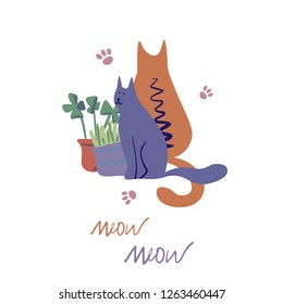 Vector concept  with cute cats in soft colors on a white background, great for polygraphy or textile design.Flat,hand drawn