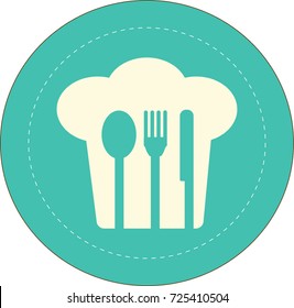 Vector concept cutlery and cap chef idea and background logo. 