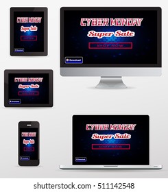 Vector Concept Cyber Monday Super Sale.Electronic devices monitors with Cyber sale monday banners