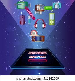 Vector Concept Cyber Monday Super Sale.Phone monitor with Cyber monday sale banners and projector with gadgets