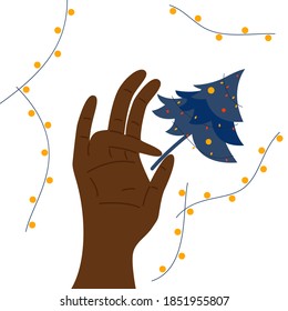 Vector concept. Dark skin color female hand holds a Christmas tree with yellow lights. 