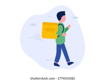 Vector concept of delivery of goods on an isolated background. The courier comes with a bag on his back delivering the order. It can be used on websites, web banners and smartphones. Safe delivery.