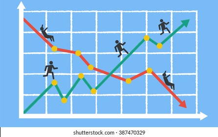 Vector Concept Depicting The Idea Of Human Figures Going Up And Falling Down The Lines On A Graph Chart