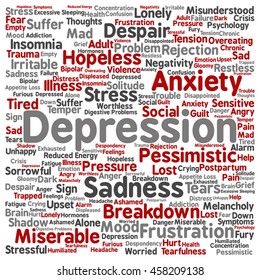 Vector concept depression or mental emotional disorder abstract square word cloud isolated on background metaphor to anxiety, sadness, negative, sad, problem, despair, unhappy, frustration symptom