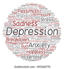 Vector concept depression or mental emotional disorder abstract round word cloud isolated on background metaphor to anxiety, sadness, negative, sad, problem, despair, unhappy, frustration symptom