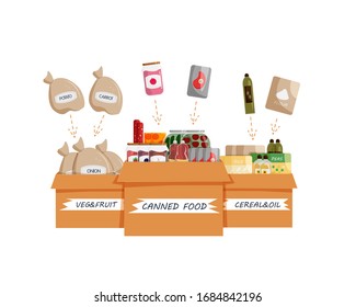 Vector Concept Design Of Donation Boxes Isolated Cartoon Flat Style. Helping Neighbors And Eardley People Need Donation Of Food, Vegetables, Cereals And Meat For Pass Quarantine. Social Healthcare