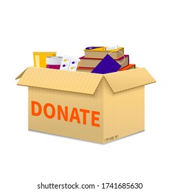 Vector concept design of donation boxes isolated flat style. Donation of breathing respiratory face masks, antibacterial product and medicine. Social health care.