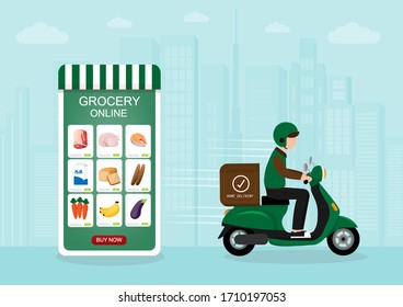 A vector concept design of a home delivery grocery online shopping serviceon a city backround. Online food delivery service. 