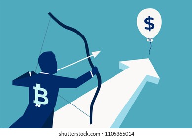 Vector concept design of man with bitcoin symbol aiming at dollar for exchange 