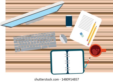 vector concept design with office supplies. documents, coffee, monitor