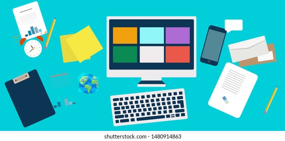 vector concept design with office supplies. documents, coffee, monitor