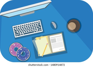 vector concept design with office supplies. documents, coffee, monitor